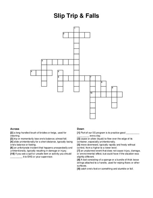 Slip Trip & Falls Crossword Puzzle
