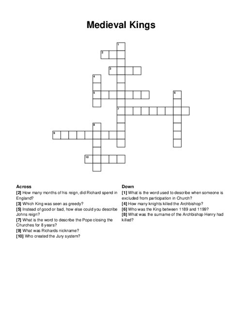 Medieval Kings Crossword Puzzle
