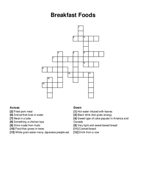 Breakfast Foods Crossword Puzzle