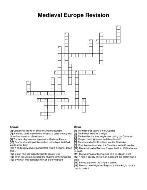 Medieval Europe Revision Crossword Puzzle
