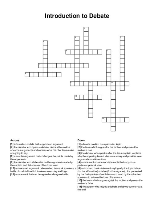 Introduction to Debate Crossword Puzzle