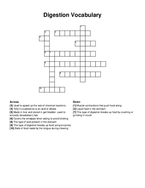 Digestion Vocabulary Crossword Puzzle