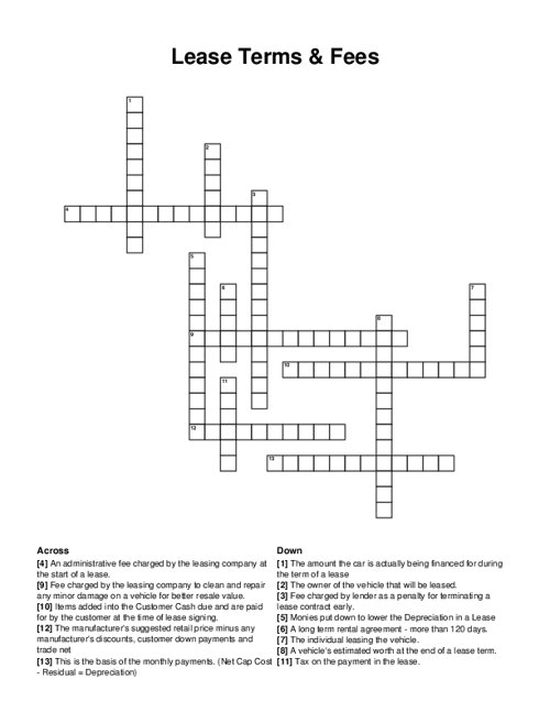 Lease Terms & Fees Crossword Puzzle