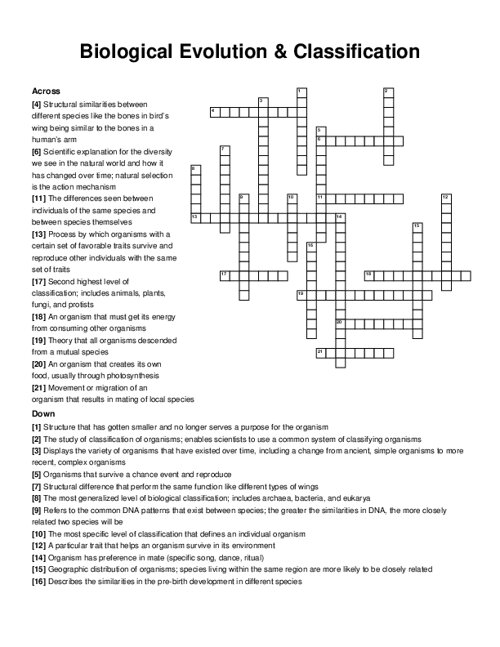 Biological Evolution & Classification Crossword Puzzle