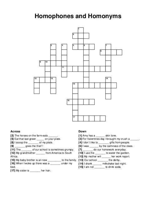 Homophones and Homonyms Crossword Puzzle