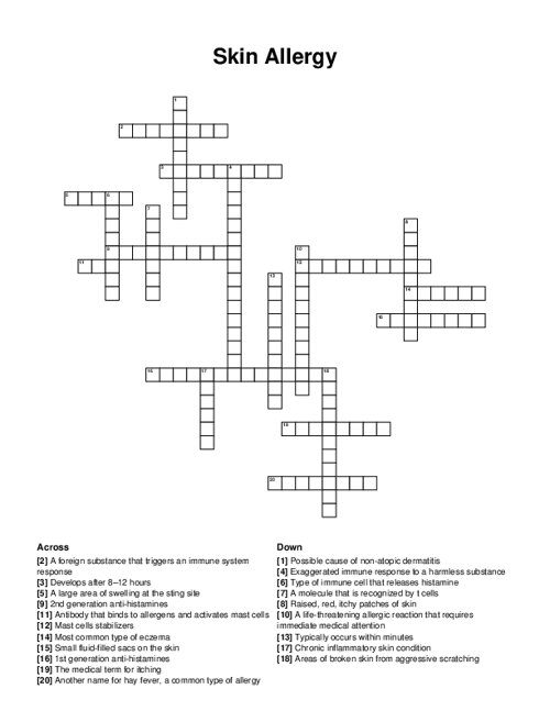 Skin Allergy Crossword Puzzle