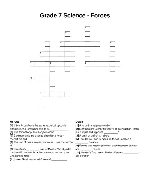 Grade 7 Science - Forces Crossword Puzzle