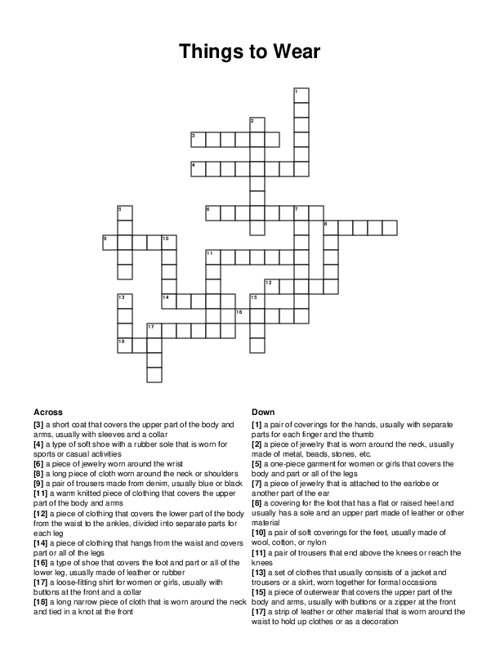 Things to Wear Crossword Puzzle