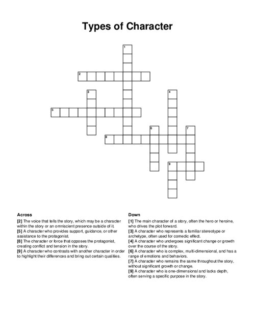 Types of Character Crossword Puzzle