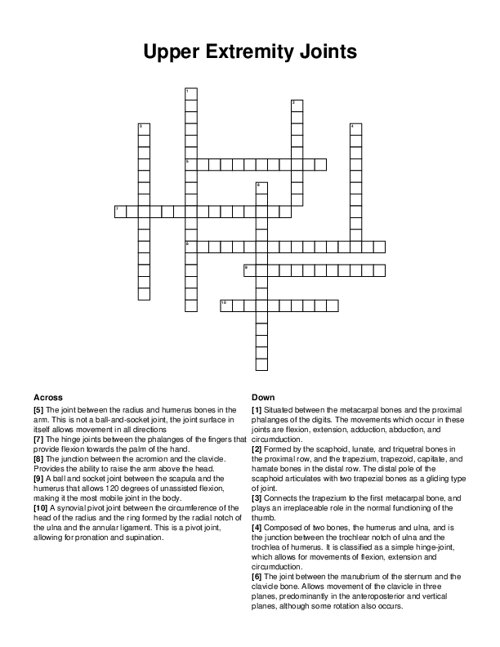 Upper Extremity Joints Crossword Puzzle
