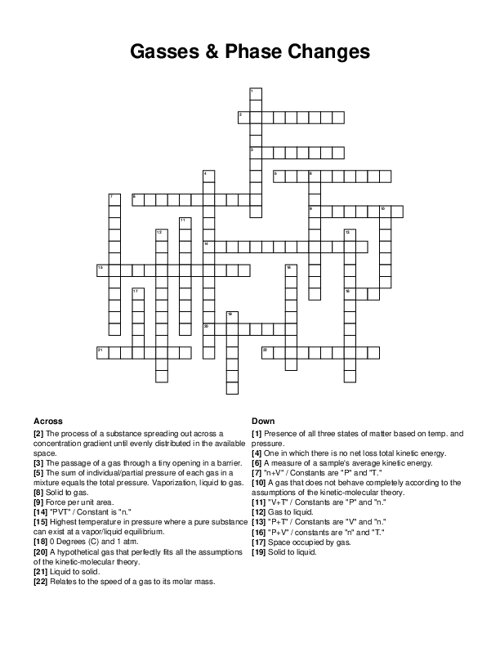 Gasses & Phase Changes Crossword Puzzle