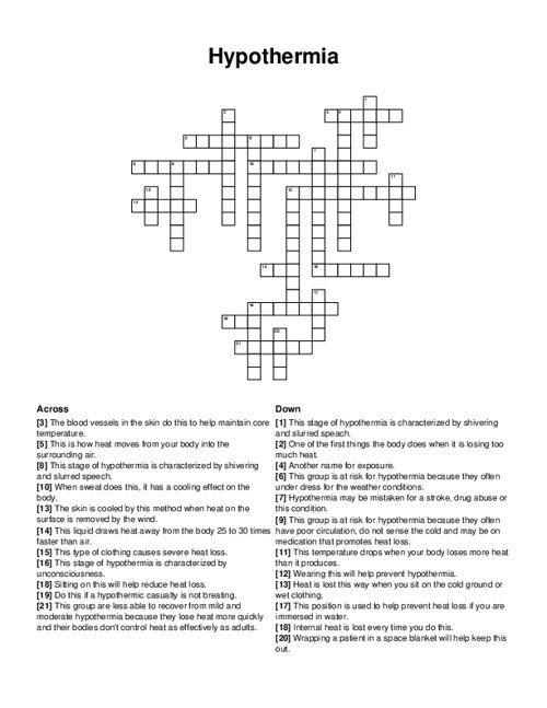 Hypothermia Crossword Puzzle