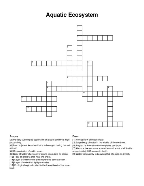 Aquatic Ecosystem Crossword Puzzle