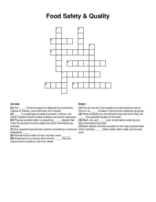 Food Safety & Quality Crossword Puzzle