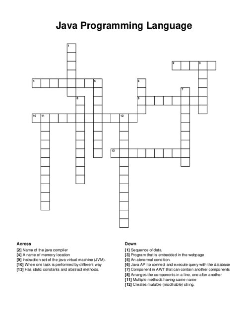 Java Programming Language Crossword Puzzle