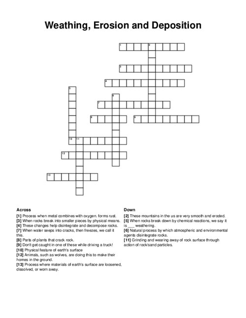 Weathing, Erosion and Deposition Crossword Puzzle