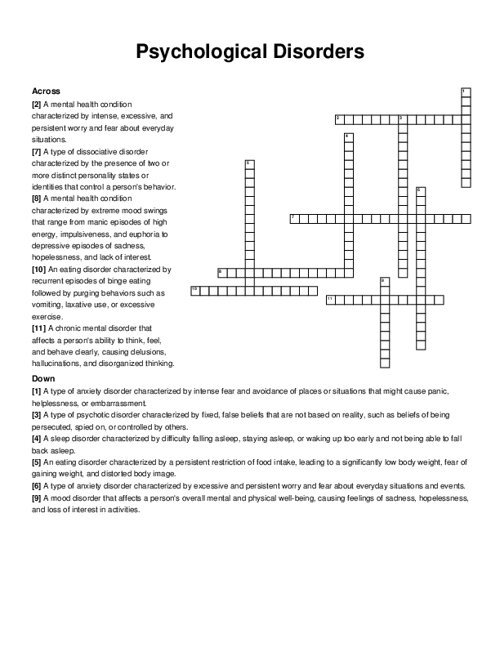 Psychological Disorders Crossword Puzzle