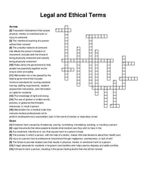 Legal and Ethical Terms Crossword Puzzle