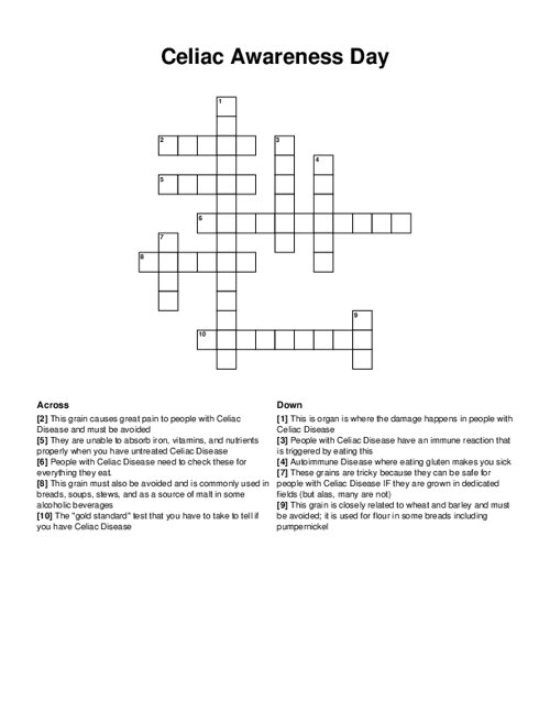 Celiac Awareness Day Crossword Puzzle