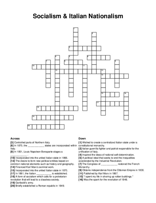 Socialism & Italian Nationalism Crossword Puzzle