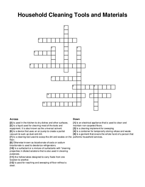 Household Cleaning Tools and Materials Crossword Puzzle