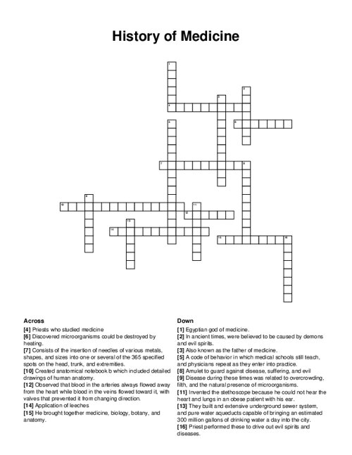 History of Medicine Crossword Puzzle