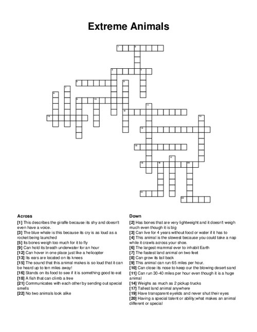 Extreme Animals Crossword Puzzle