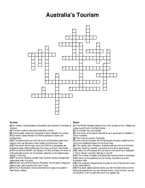 Australias Tourism Crossword Puzzle
