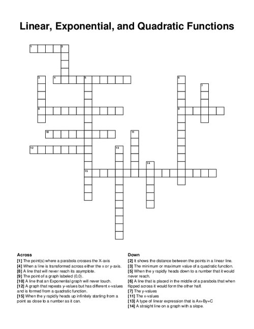 Linear, Exponential, and Quadratic Functions Crossword Puzzle