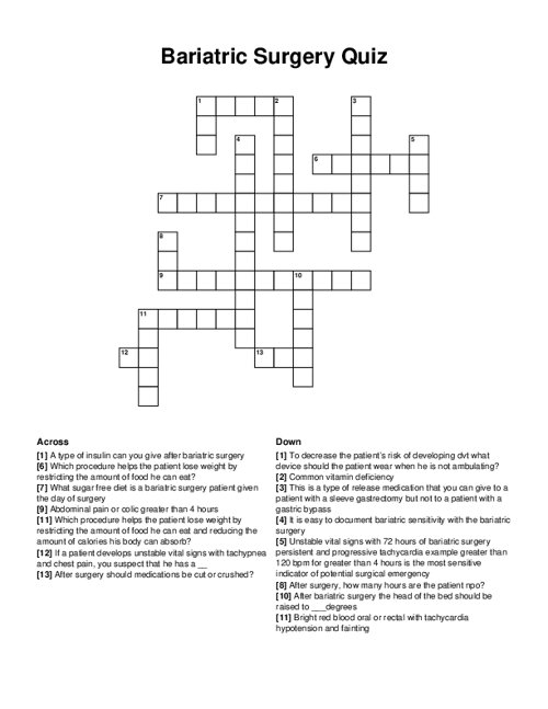Bariatric Surgery Quiz Crossword Puzzle