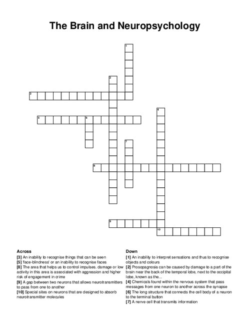 The Brain and Neuropsychology Crossword Puzzle