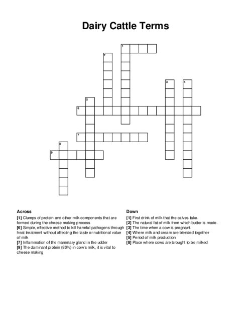 Dairy Cattle Terms Crossword Puzzle