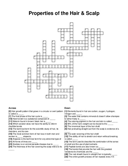 Properties of the Hair & Scalp Crossword Puzzle