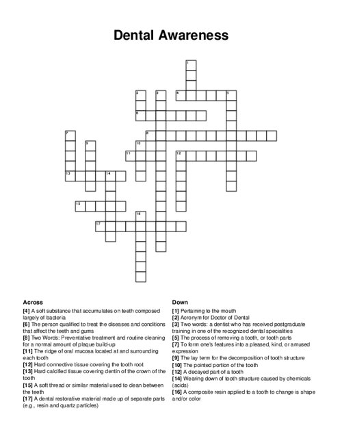 Dental Awareness Crossword Puzzle