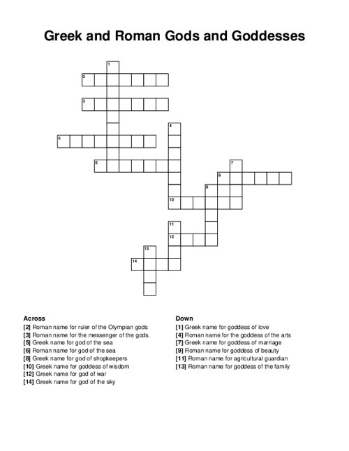 Greek and Roman Gods and Goddesses Crossword Puzzle