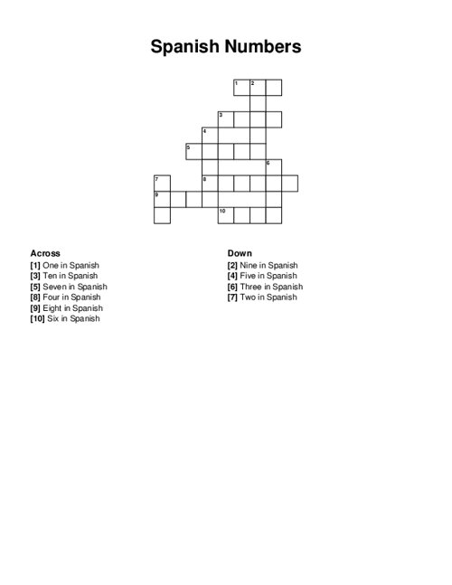Spanish Numbers Crossword Puzzle