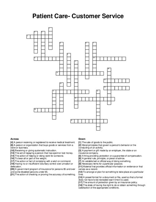 Patient Care- Customer Service Crossword Puzzle