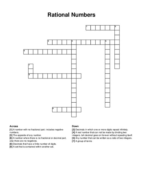 Rational Numbers Crossword Puzzle