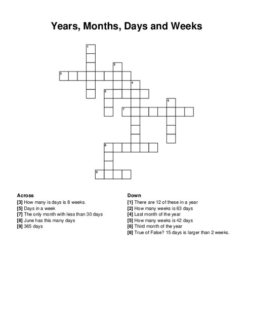 Years, Months, Days and Weeks Crossword Puzzle