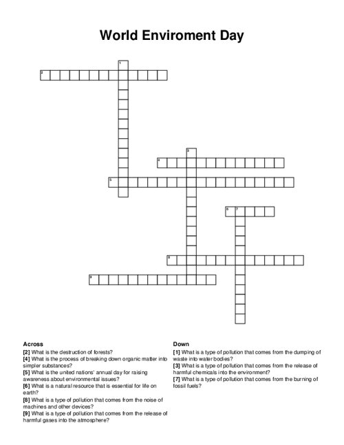 World Enviroment Day Crossword Puzzle