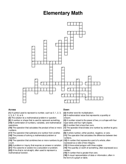 Elementary Math Crossword Puzzle