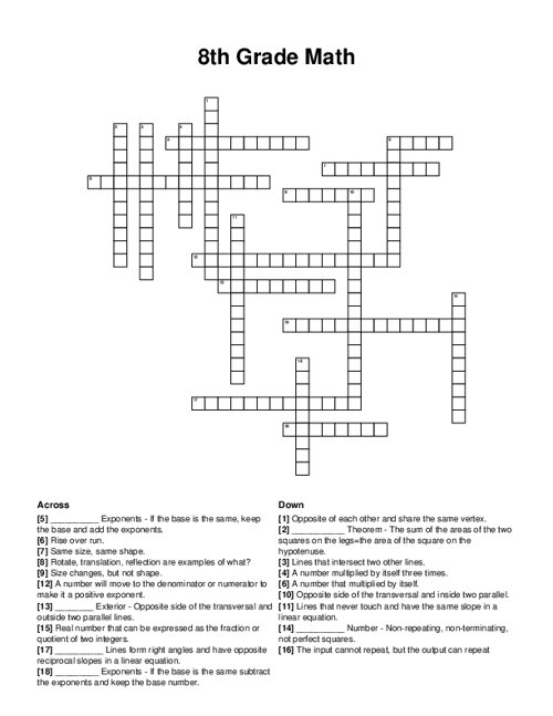 8th Grade Math Crossword Puzzle