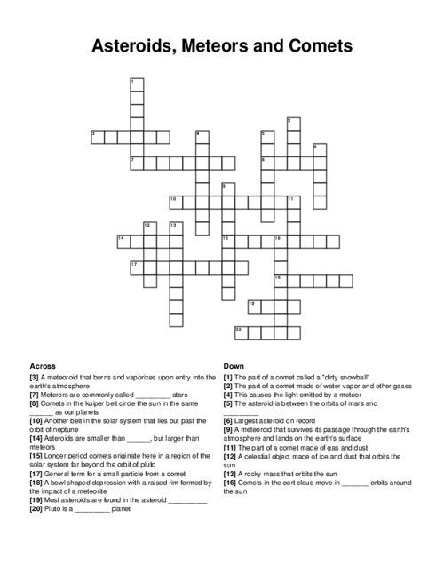 Asteroids Meteors and Comets Crossword Puzzle