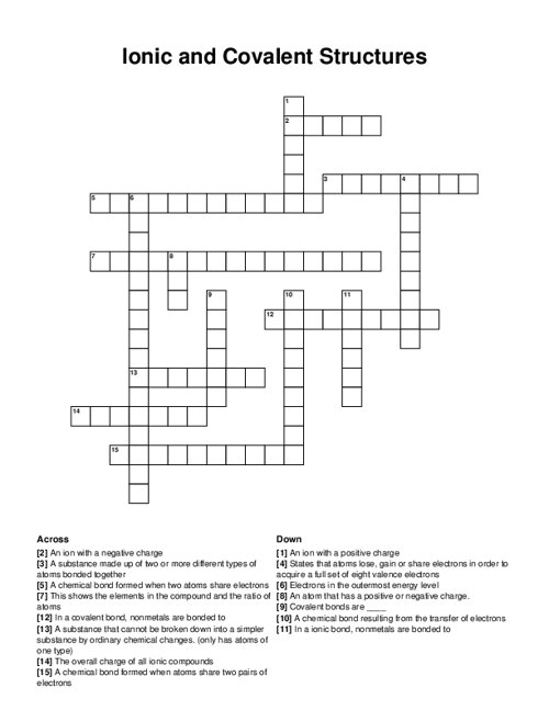 Ionic and Covalent Structures Crossword Puzzle