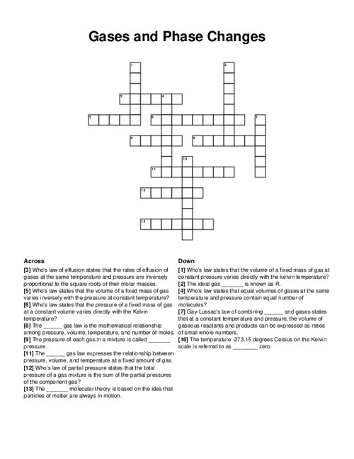 Gases and Phase Changes Crossword Puzzle