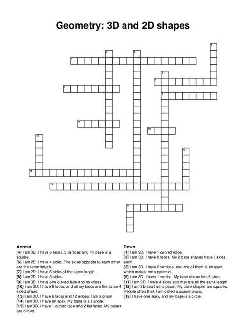 Geometry: 3D and 2D shapes Crossword Puzzle