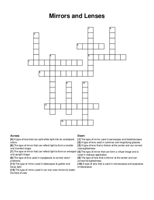 Mirrors and Lenses Crossword Puzzle