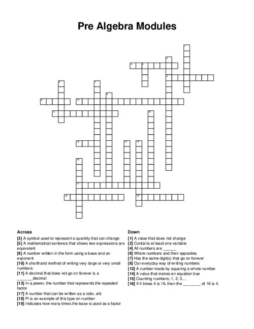 Pre Algebra Modules Crossword Puzzle