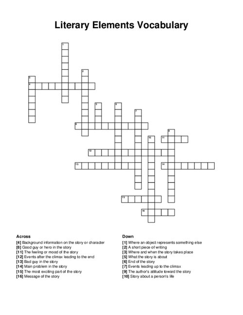 Literary Elements Vocabulary Crossword Puzzle