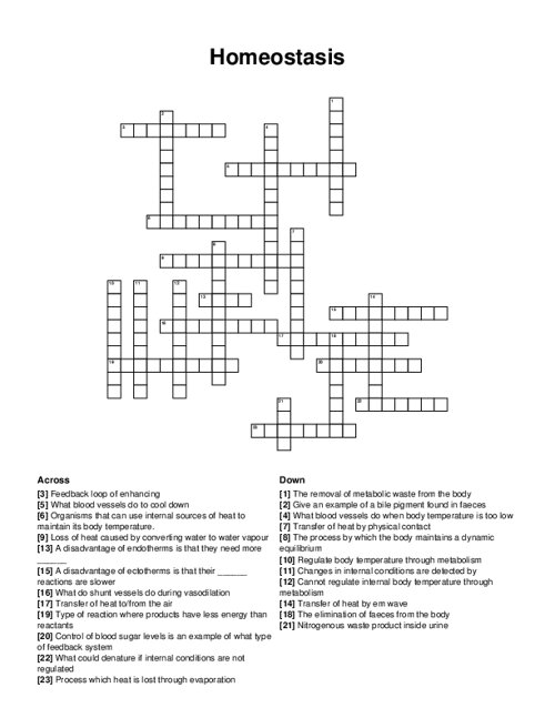 Homeostasis Crossword Puzzle